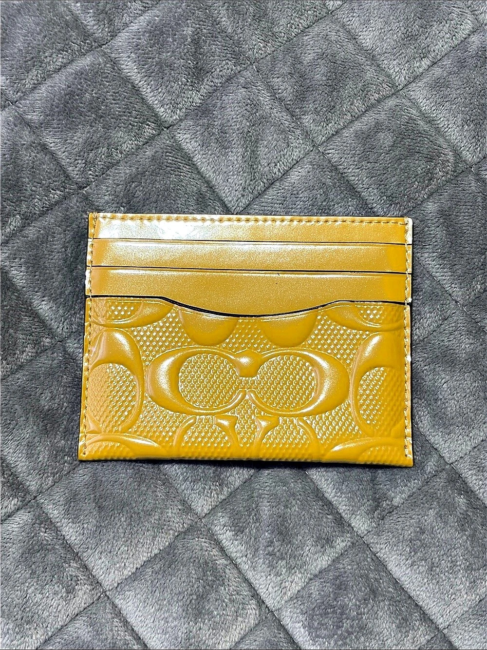 Coach Slim ID Card Case in Signature Patent Leather Yellow & Brown